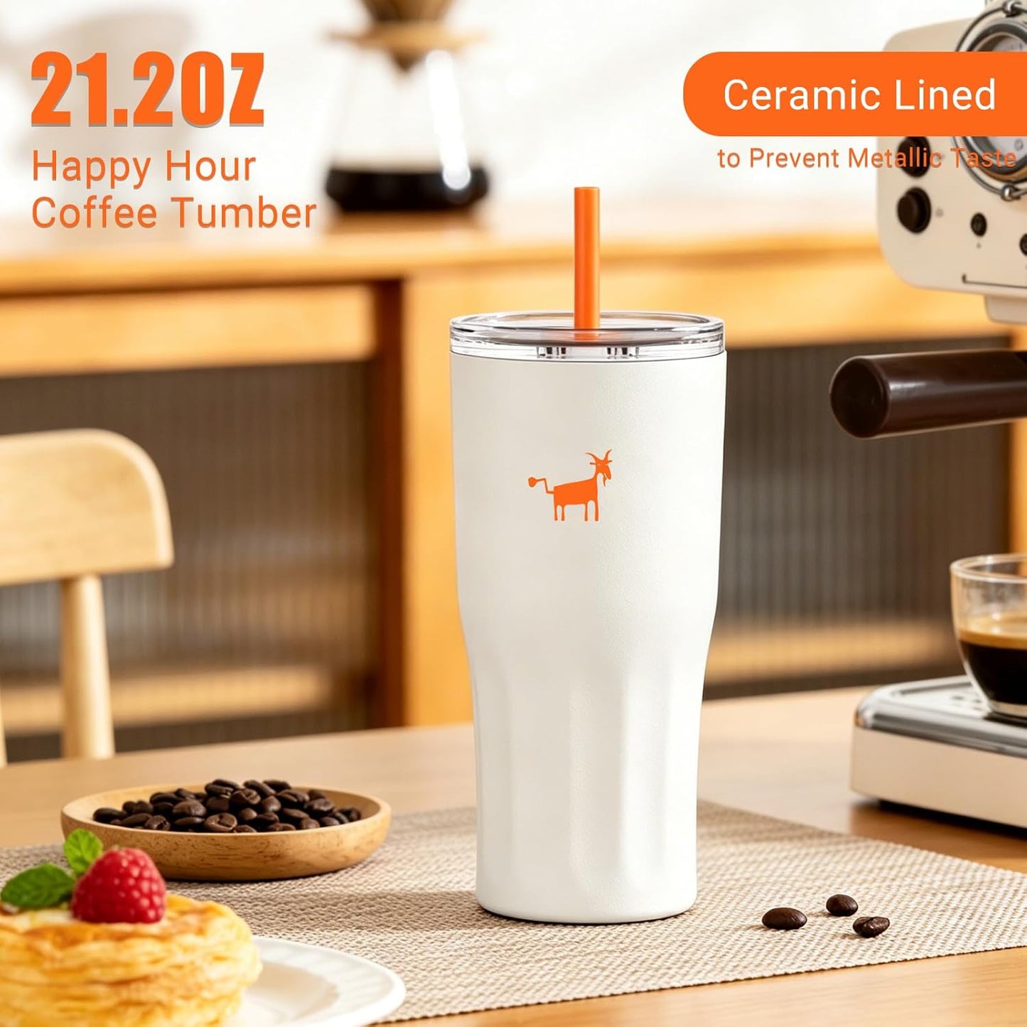 CHEERFUL GOAT Ceramic Lined Coffee Travel Tumbler - Stainless Steel Travel Mug with Ceramic Liner and Lid, 21 OZ Cup for Hot and Cold Beverages at Home or on the Go (Latte Ombre)