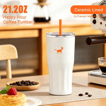 CHEERFUL GOAT Ceramic Lined Coffee Travel Tumbler - Stainless Steel Travel Mug with Ceramic Liner and Lid, 21 OZ Cup for Hot and Cold Beverages at Home or on the Go (Latte Ombre)