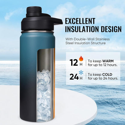 Fijinhom 24 oz Insulated Water Bottle with Handle, 304 Stainless Steel Water Bottles with Wide Mouth, Double Wall Vacuum Sports Water Bottle, BPA Free, Keep Cold and Hot, Black | with Handle