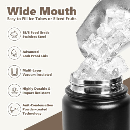 Insulated Water Bottle with Lid & Boot & Stickers, 24 oz Stainless Steel Sweat Free Bottle Keep Cold 24H, BPA-Free Sports Wide Mouth Water Bottle, BlueBlack
