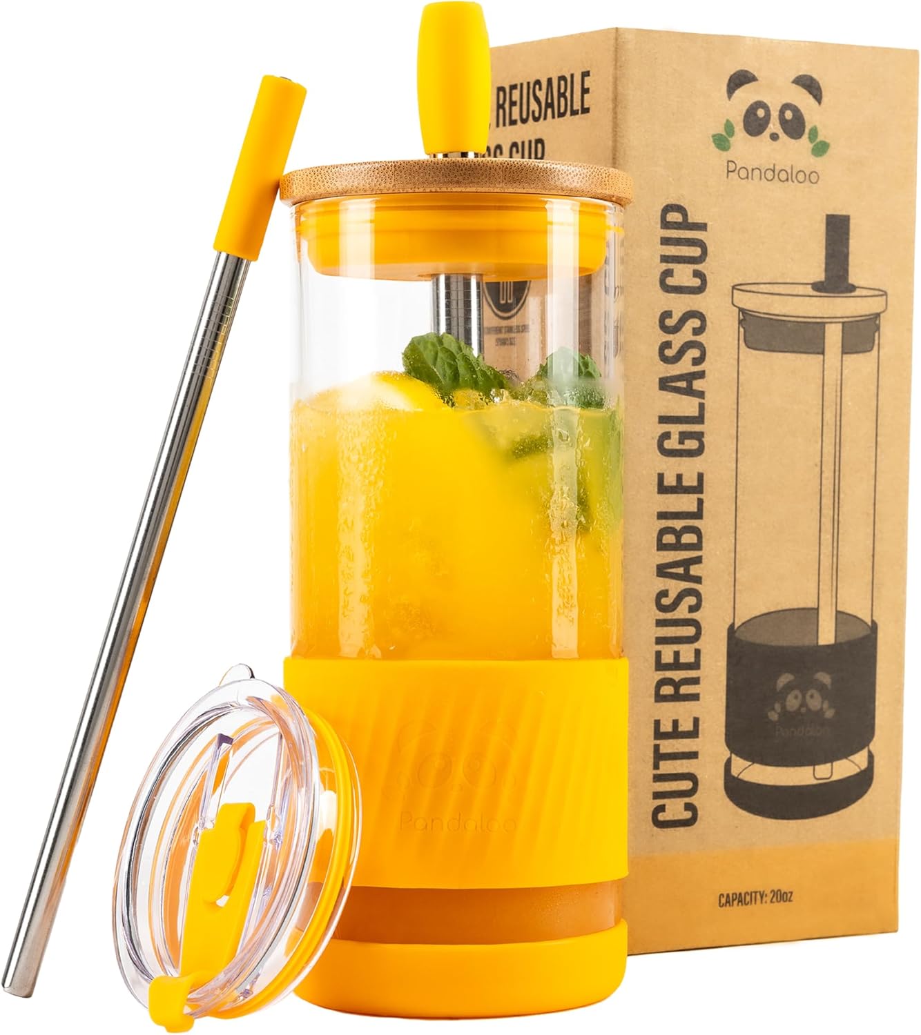 Pandaloo® Glass Cups With Lids and Straws -20 Fl Oz- Perfect Size Iced Coffee Cup - Smoothie Cup With Bamboo Lid and On the go Lid - Glass Tumbler With Straw (1 Count (Pack of 1), Lilac Rhapsody)