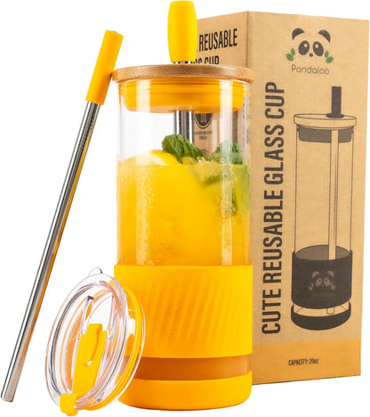 Pandaloo® Glass Cups With Lids and Straws -20 Fl Oz- Perfect Size Iced Coffee Cup - Smoothie Cup With Bamboo Lid and On the go Lid - Glass Tumbler With Straw (1 Count (Pack of 1), Lilac Rhapsody)