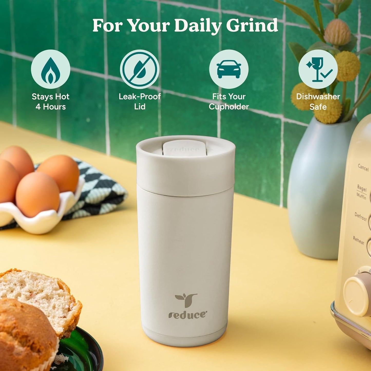 REDUCE Perk 10oz Insulated Coffee Tumbler – Leak-Proof with Lockable Lid and Vacuum Insulation–Durable Stainless Steel–Fits Car Cup Holders–One-Handed Travel Mug in Sand Leopard Print-Gentle Lavender