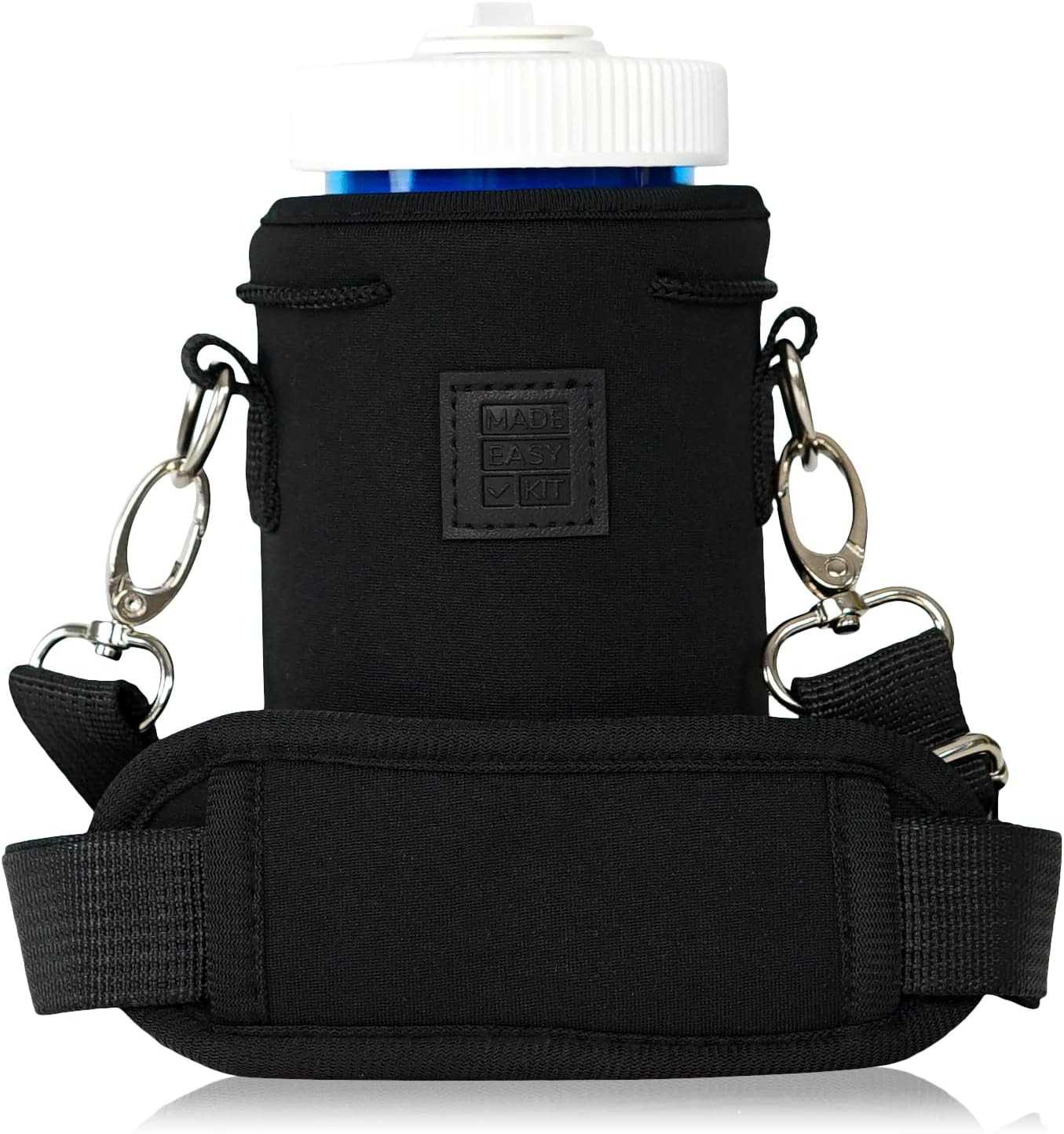Made Easy Kit Neoprene Water Bottle Carrier Holder with Adjustable Shoulder Strap for Insulating & Carrying Water Container Canteen Flask Available in 5 Sizes (Black, M (16oz-22oz))