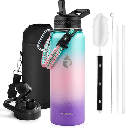 RAYMYLO One Gallon Water Bottle Insulated, Triple Walled Vacuum Stainless Steel (Cold for 48 Hrs), Leak Proof & Non-BPA, Large Water Flask Jug with Paracord Handle & Straw Spout Lids