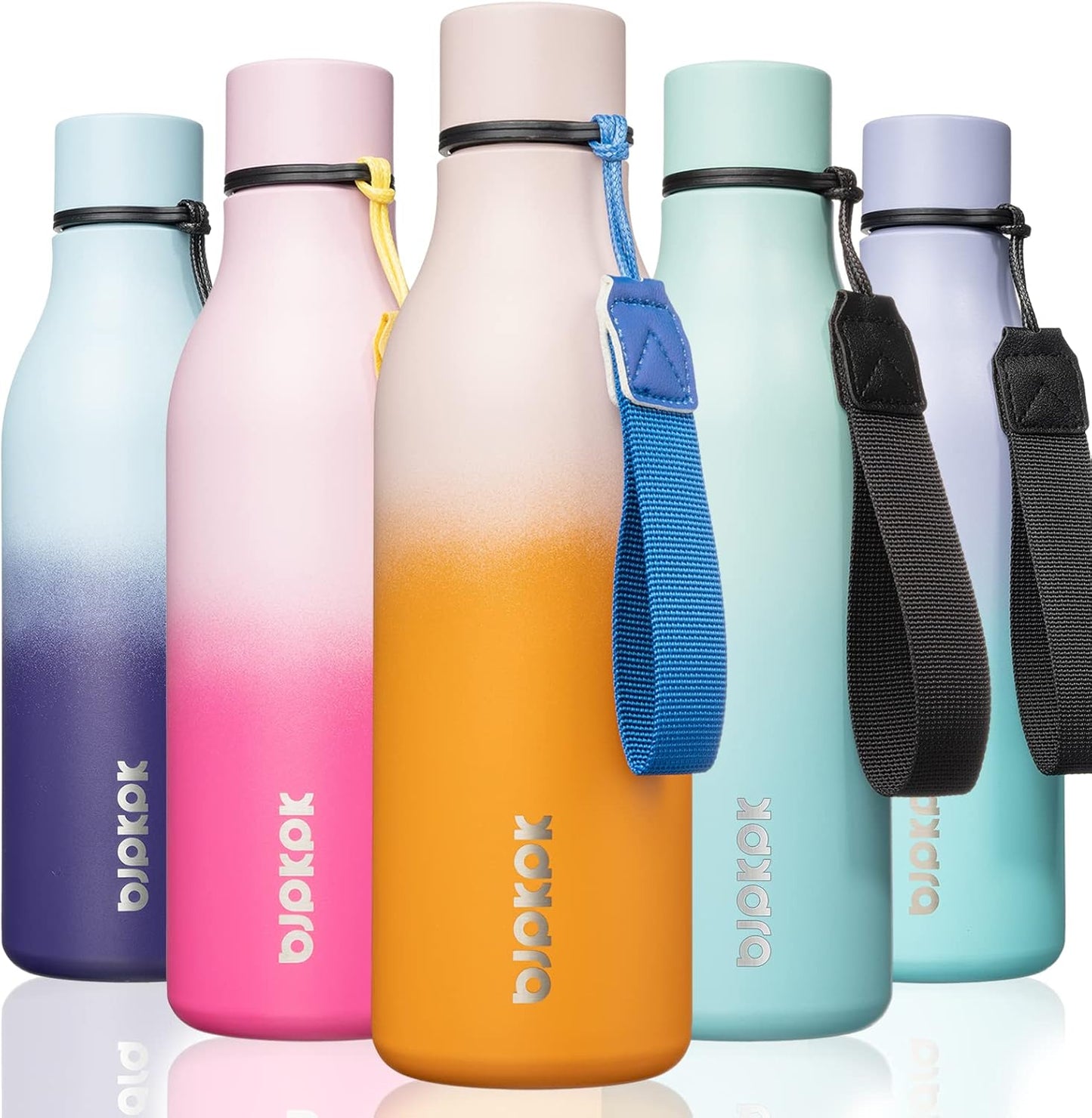 BJPKPK Insulated Water Bottles, 18 oz Stainless Steel Metal Water Bottle with Strap, BPA Free Leak Proof Jugs, Mugs, Flasks, Reusable Thermal Flasks for Sports & Travel, Black - Colors A