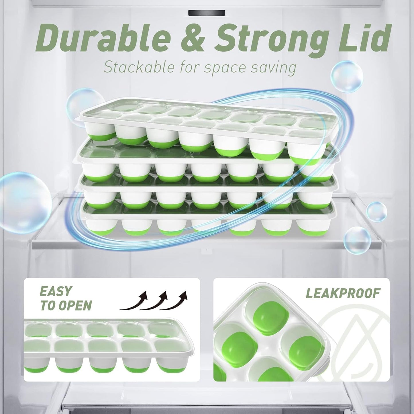ChefAide 4‑Pack Ice Cube Trays with Lids, 56‑Cube Total Stackable Freezer Ice Trays, Durable Silicone & Plastic Easy‑Release Ice Molds for Cocktails, Coffee & Drinks