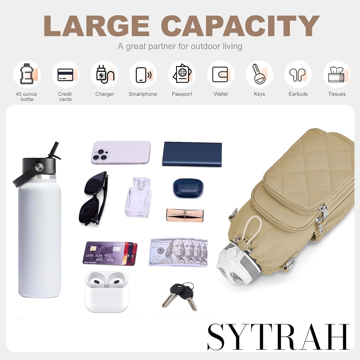 SYTRAH Water Bottle Bag Crossbody，Insulated Water Bottle Purse Crossbody Water Bottle Holder with Strap 40 oz