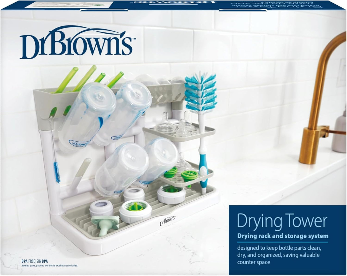 Dr. Brown's Baby Bottle Drying Tower, Stand-Up Countertop Drying Rack with Organized Storage for Baby Essentials, Space Saving Vertical Rack, Black/White