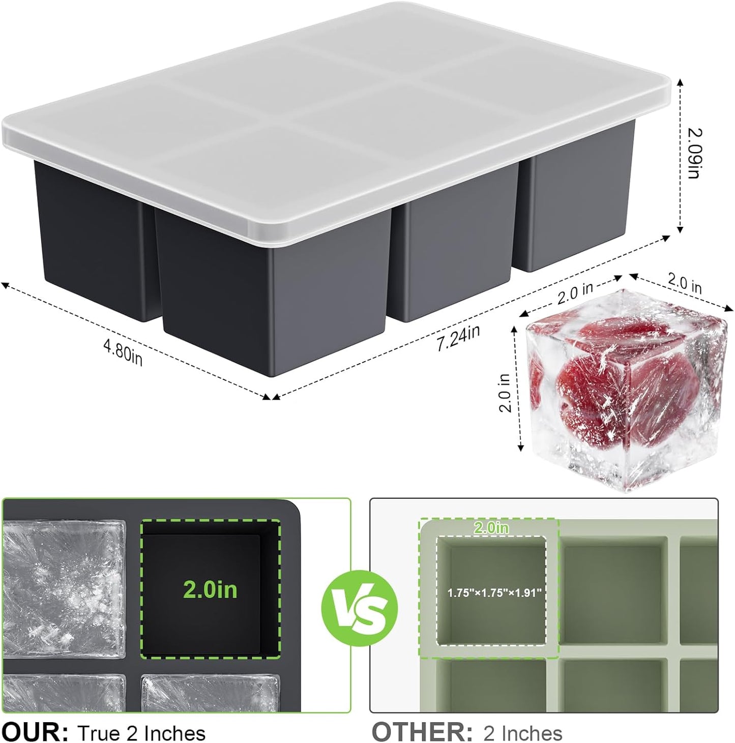 Large Ice Cube Tray for Whiskey: 2" Big Silicone Ice Tray with Lid for Whisky - 3Pack Old Fashioned Ice Cube Trays for Cocktail - Huge Square Cubed Bourbon Ice Cube Maker