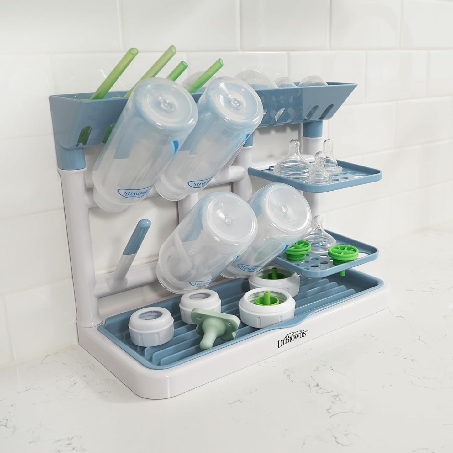 Dr. Brown's Baby Bottle Drying Tower, Stand-Up Countertop Drying Rack with Organized Storage for Baby Essentials, Space Saving Vertical Rack, Black/White