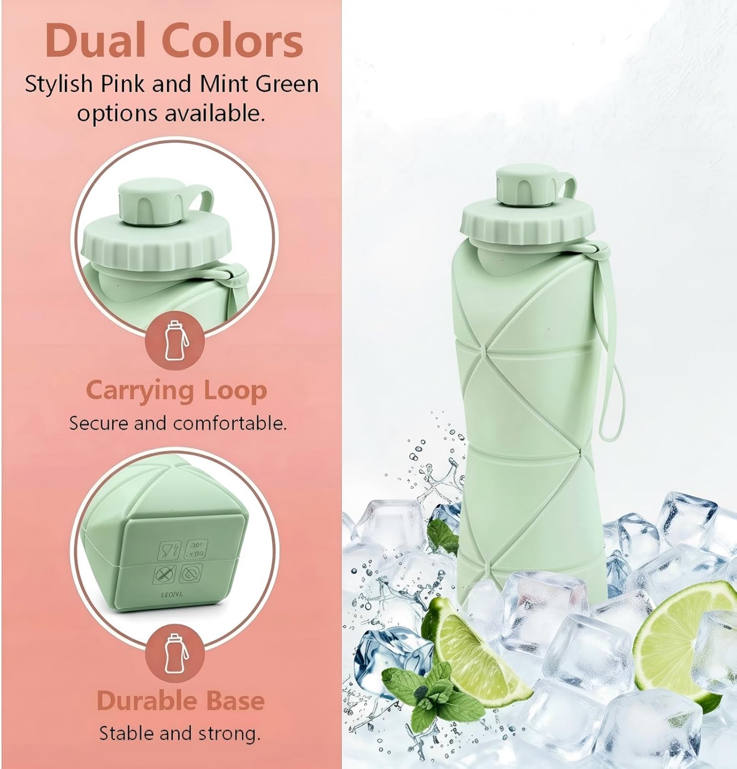 Collapsible Water Bottle 20oz (600ml), BPA-Free Silicone Foldable Portable Lightweight Reusable Water Bottle with Leak-Proof Lid & Lanyard for Outdoor Travel Cycling Gym & Camping (Green)