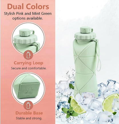 Collapsible Water Bottle 20oz (600ml), BPA-Free Silicone Foldable Portable Lightweight Reusable Water Bottle with Leak-Proof Lid & Lanyard for Outdoor Travel Cycling Gym & Camping (Green)