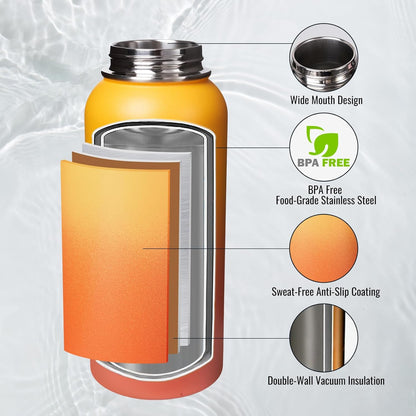 Fijinhom 24 oz Insulated Water Bottle with Handle, 304 Stainless Steel Water Bottles with Wide Mouth, Double Wall Vacuum Sports Water Bottle, BPA Free, Keep Cold and Hot, Black | with Handle