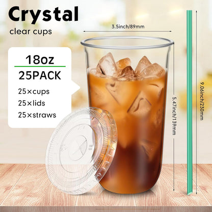 Baderke 25 Set Plastic Cups with Lids and Straws, Disposable Plastic Iced Coffee Cup for Cold Beverage Juice Smoothie Crystal for Coffee Shops Party Catering(Clear,16 oz)