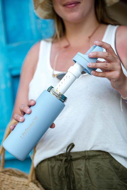 LifeStraw Go Series — Insulated Stainless Steel Water Filter Bottle for Travel and Everyday Use Removes Bacteria, Parasites and Microplastics, Improves Taste, 1L Aegan Sea