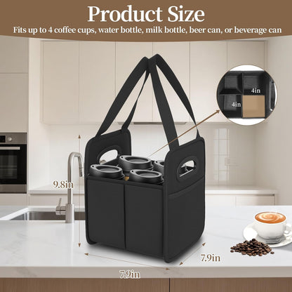 Foyego 4 Cup Drink Carrier with Handle, Reusable Insulated Drink Caddy Drink Holder for Car, Folding Portable Coffee Cup Holder Bag for Travel and Delivery