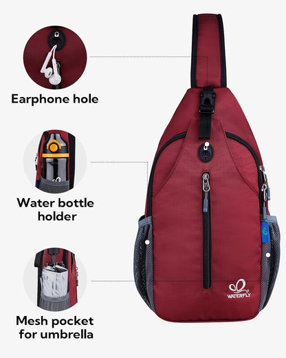 WATERFLY Crossbody Sling Backpack Sling Bag Travel Hiking Chest Bag Daypack (Black)