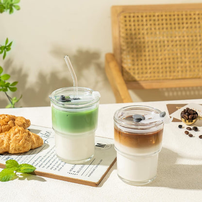 Olvini 13oz Glass Tumbler with Straw and Lid, Reusable Iced Coffee Cup Tumbler, Cute Glass Cups for Water, Matcha, Travel Coffee Mugs (Daisy)