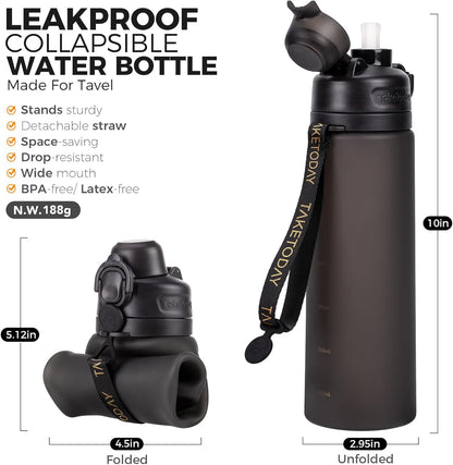 TakeToday Collapsible Water Bottles 21oz (600mL), Foldable Platinum Silicone Travel Water Bottle with Straw & Carry Strap, Leak-Resistant Screw Lid, Wide Mouth, BPA-Free for Hiking, Camping, Travel