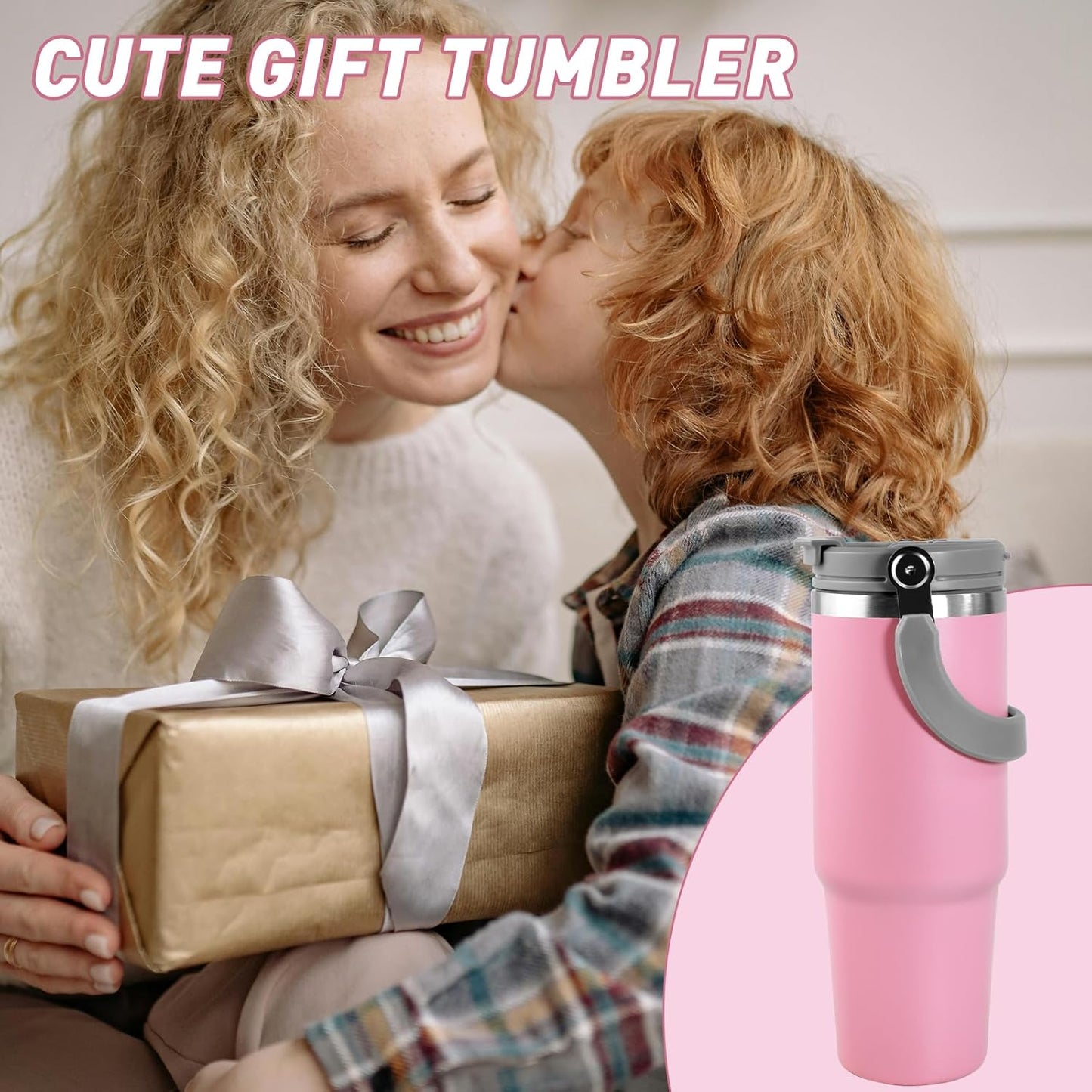 30 oz Tumbler with Handle and Straw Lid, Double Walled Vacuum Insulated Water Bottle Leakproof Tumbler Travel Coffee Mug Thermal Cup, Cupholder Friendly for Office, Home, Sport, Pink