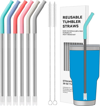 40 oz Straight Metal Straws for 40 oz Stanley Tumbler, 6 Pcs Stainless Steel Reusable Drinking Metal Straw with Colourful Silicone Tips,Straw for Glass Cups, BPA FREE