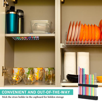 Baderke Straw Holder for Cabinet Reusable Straw Organizer with Double Sided Adhesive Tape Screws Storage Container for Kitchen Counter Cupboard(White,Classic)
