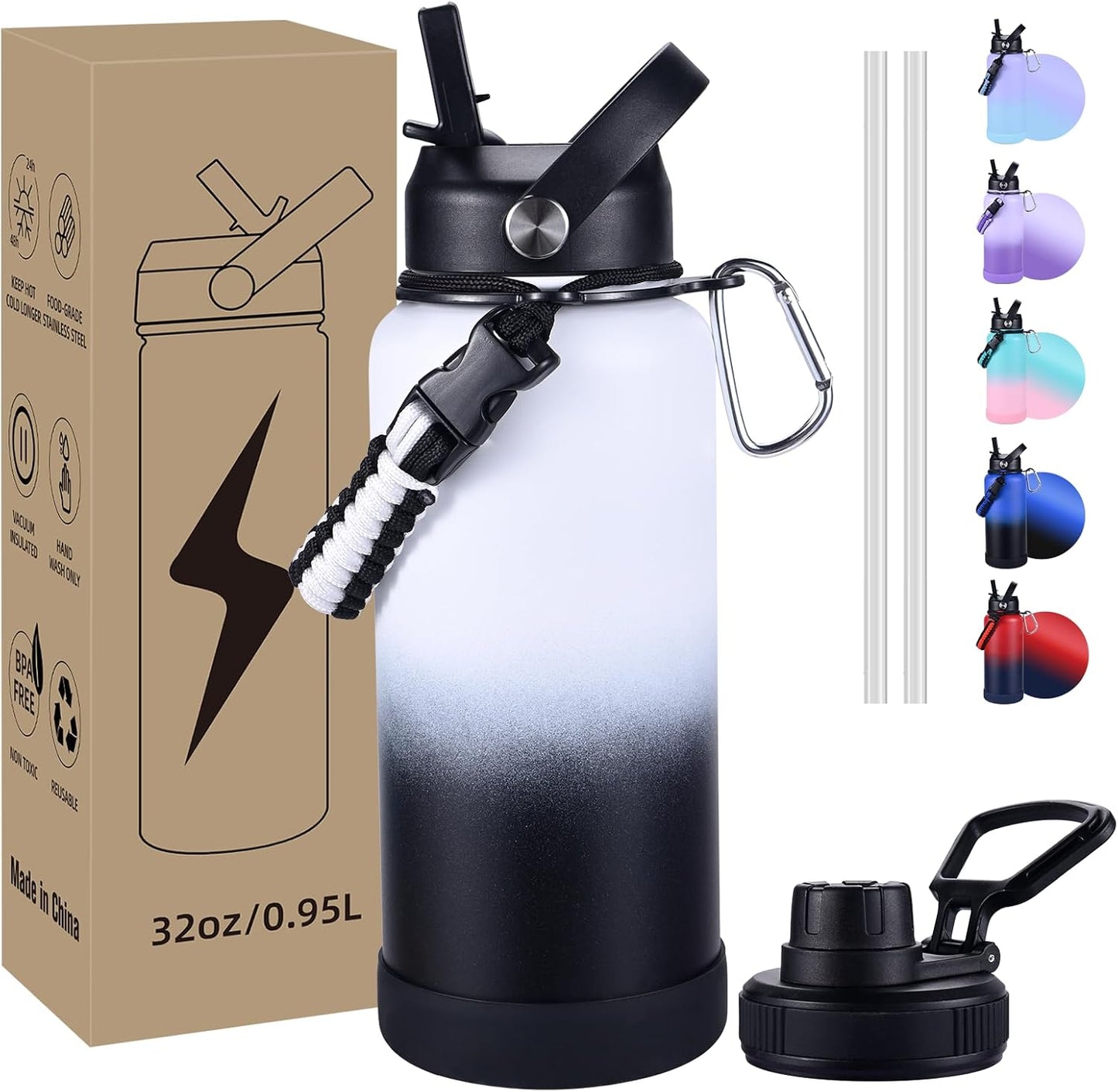 Insulated Water Bottle, 32 oz Stainless Steel Wide Mouth Water Bottles with 2 Leak Proof Lid and Paracord Handle, Double Wall Vacuum Insulated Sports Water Bottle, Purple Black