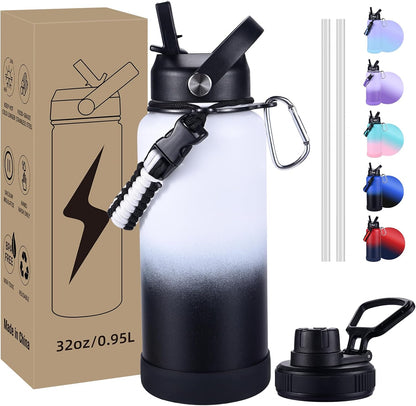 Insulated Water Bottle, 32 oz Stainless Steel Wide Mouth Water Bottles with 2 Leak Proof Lid and Paracord Handle, Double Wall Vacuum Insulated Sports Water Bottle, Purple Black
