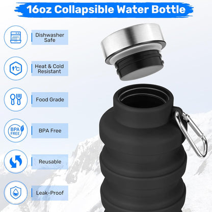 Collapsible Water Bottle, 16oz Portable Reusable Silicone Water Bottle, BPA-Free Leak-Proof Foldable Design with Carabiner, Lightweight Durable for Gym, Travel, Camping, Hiking, Sports, Black