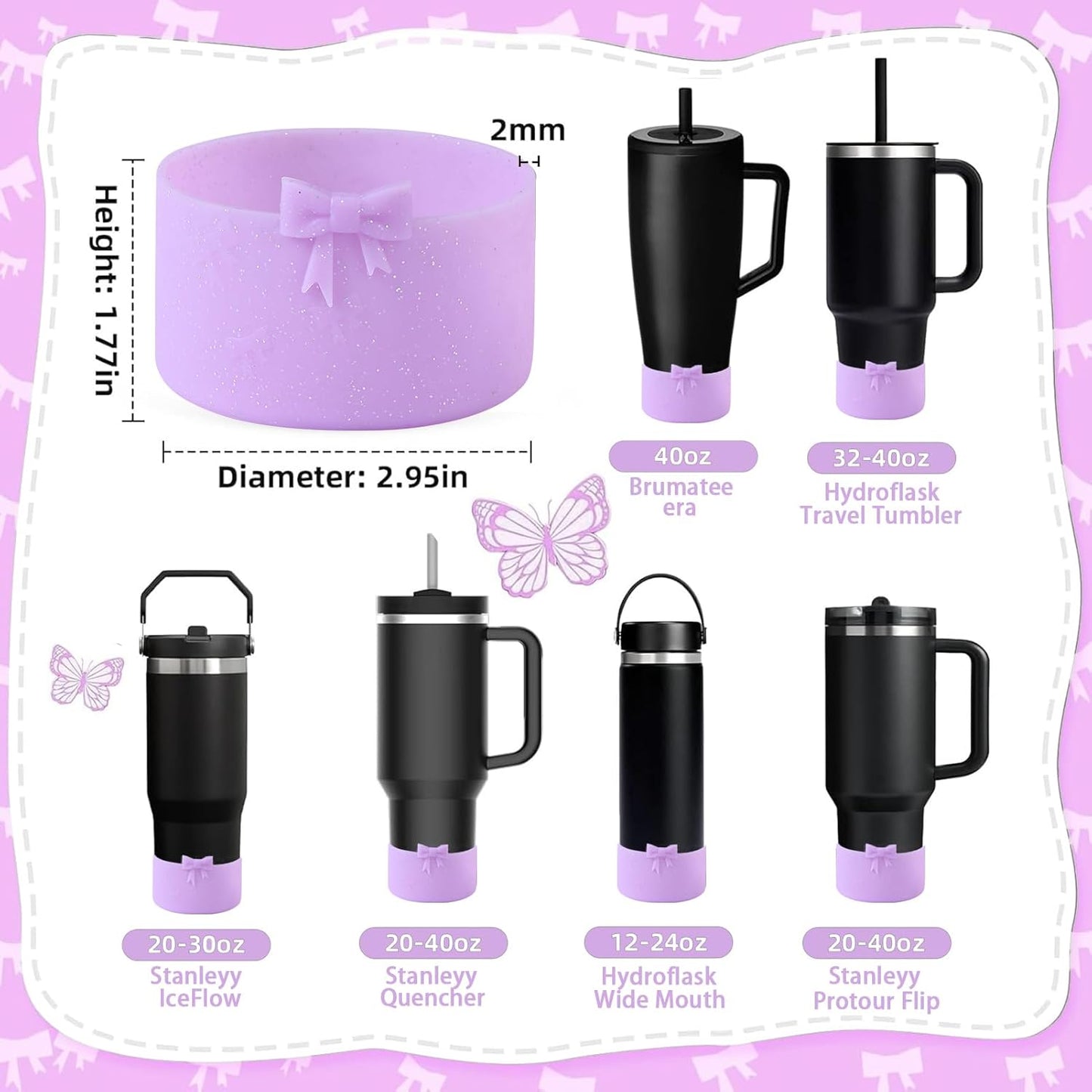 2PCS Bow Silicone Boot for Stanley Quencher Tumbler 30oz 40oz & IceFlow 20oz 30oz& Hydro Flask Water Bottle 12-24 oz Protective Bottom Sleeve Cover for Stanley Cup Accessories& Owala 24oz