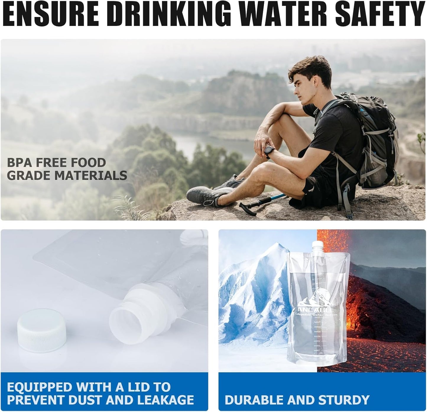Ancable 33oz (1L) Collapsible Water Bottles, 3-Pack Reusable Travel Foldable Water Bottles for Hiking Camping Running Bike, BPA-Free Water Bottle