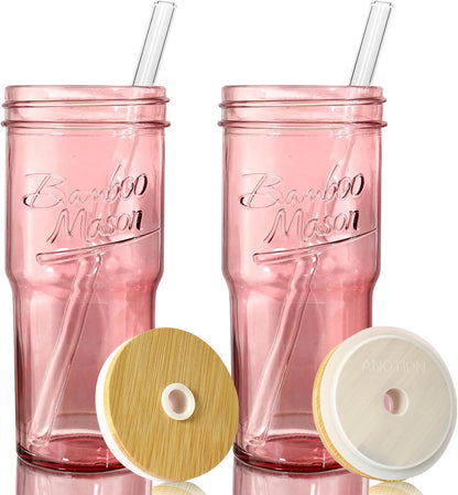 ANOTION Bamboo Mason Leakproof Mason Jar Cups with Lids and Straws, Cap Cup 24oz Glass Tumbler with Handle, Rotating Lid Silicone Straw, Reusable Iced Coffee Matcha Cup Coffee Gifts for Women 2pc