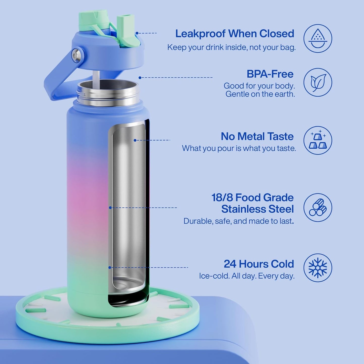 ENCOOL Insulated Water Bottle with Straw Stainless Steel Water Bottle, Leak-Proof, BPA-Free, Double Wall Vacuum Keeps Cold for 24 Hours for Sports, Travel, School (26 oz, Cotton Candy) - Colors C
