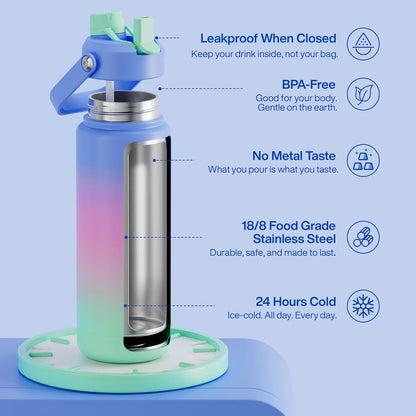 ENCOOL Insulated Water Bottle with Straw Stainless Steel Water Bottle, Leak-Proof, BPA-Free, Double Wall Vacuum Keeps Cold for 24 Hours for Sports, Travel, School (26 oz, Cotton Candy) - Colors C