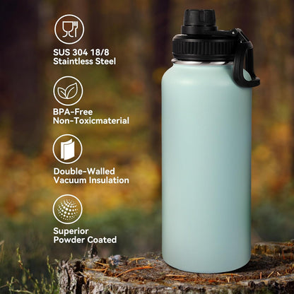 Neihepal 32 oz Insulated Water Bottle with 2 Lids (Straw & Spout Lid), 18/8 Stainless Steel Double Wall Water Bottles for Gym, Travel, Camping, Sports (Silver,1 Pack)