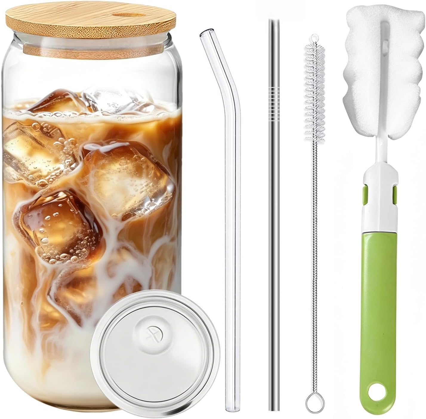 Glass Cups with Lids and Straws Set of 2 - Iced Coffee Cups with Lids for Cold Brew and Beer, 20 oz Can Shaped Glass with Bamboo Lids and Straws - Aesthetic Coffee Bar Gift for Coffee Lovers