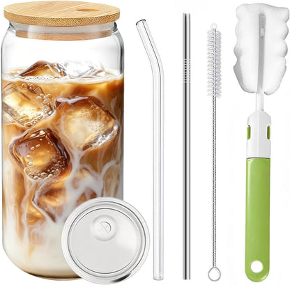 Glass Cups with Lids and Straws Set of 2 - Iced Coffee Cups with Lids for Cold Brew and Beer, 20 oz Can Shaped Glass with Bamboo Lids and Straws - Aesthetic Coffee Bar Gift for Coffee Lovers