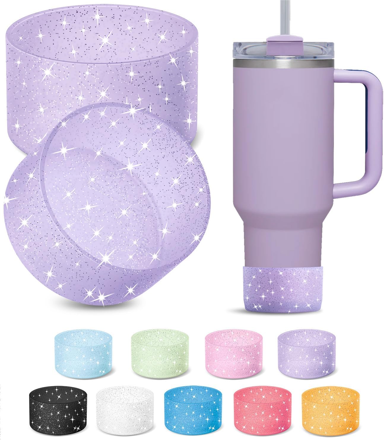 KTKUDY 2 PCS Glitter Silicone Boot Compatible with Stanley Tumbler 20 30 40 oz & Fits Hydro Flask Water Bottle 12-24oz & Fits Yeti, Simple Modern, Owala Cup - Bling Cup Bottom Protector Accessories