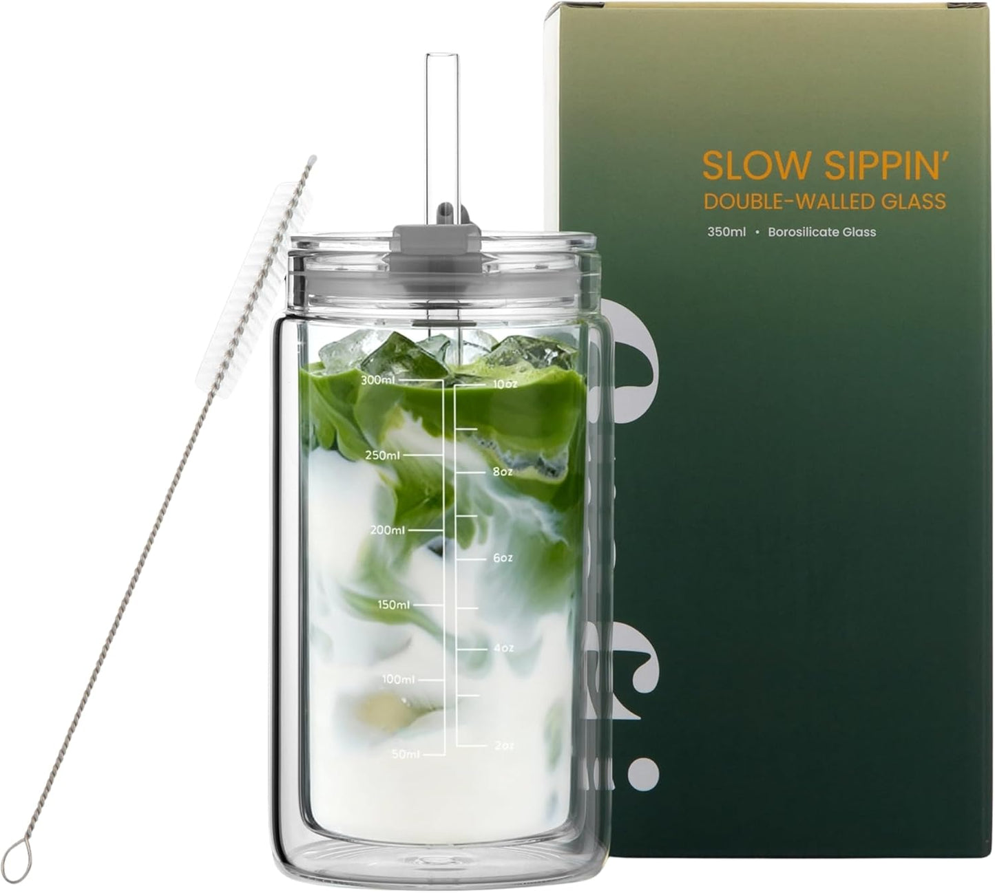 Crafti Slow Sippin' Glass Tumbler with Straw & Lid – 11.8oz / 350ml Double-Walled Glass Coffee Cup, Matcha Cup with Volume Markings, Tritan® Straw & Cleaner – Reusable, BPA-Free Iced Coffee Tumbler