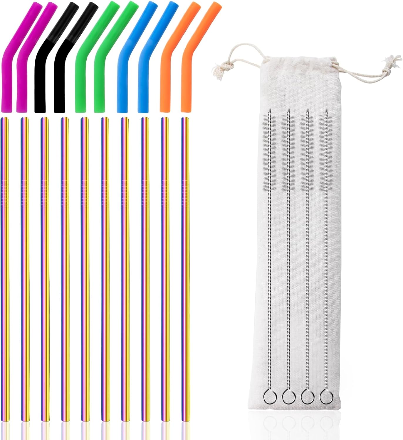 Lazycorner 16 Pcs Metal Straw Reusable 8.5" 10.5" 6mm Stainless Steel Straws for Tumblers 20oz-32oz, Rainbow Drinking Straws with Silicone Tips, 4 Straw Cleaner Brush, 1 Travel Case