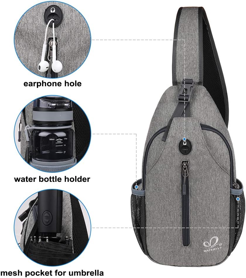 WATERFLY Crossbody Sling Backpack Sling Bag Travel Hiking Chest Bag Daypack (Black)