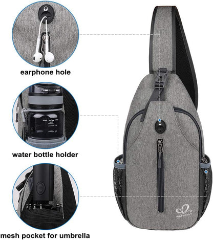 WATERFLY Crossbody Sling Backpack Sling Bag Travel Hiking Chest Bag Daypack (Black)