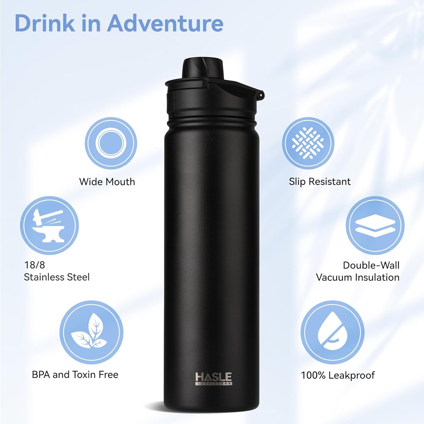 HASLE OUTFITTERS 32 oz Insulated Water Bottle Stainless Steel Double Walled Vacuum Sports Water Bottle with 2 Lids (Straw and Spout Lid) for Gym Camping Hiking(Black,1)