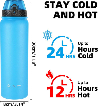 Oldley Insulated Water Bottle 20oz for Adults Kids Stainless Steel Water Bottles with Straw/Chug/Carabiner 3 Lids Fruit Strainer Double Wall Vacuum Wide Mouth BPA Free Leak-Proof for School Travel