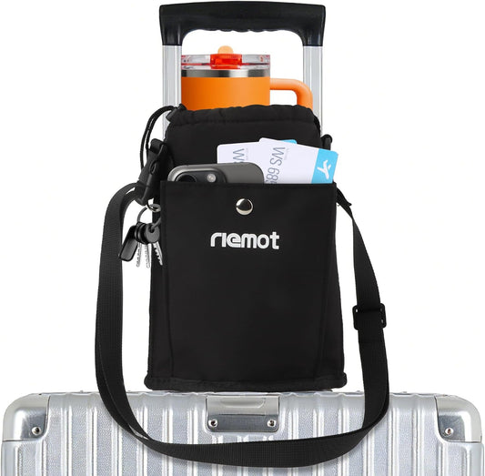 riemot Luggage Cup Holder with Strap, Travel Drink Holder with Phone Pocket, Hands Free Suitcase Drink Carrier Fits Stanley 40oz Cups, Luggage Accessories for Travel Airport Convenience