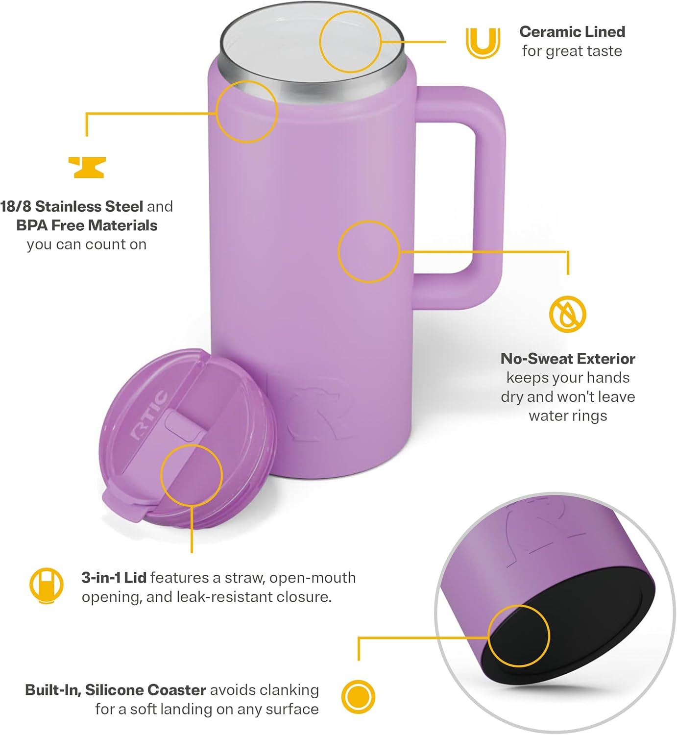 RTIC 64oz Road Trip Tumbler with Handle, Lid and Straw, Ceramic Lined, Insulated, Stainless Steel, Double Wall Vacuum-Insulation, Travel Cup, Cool Grey