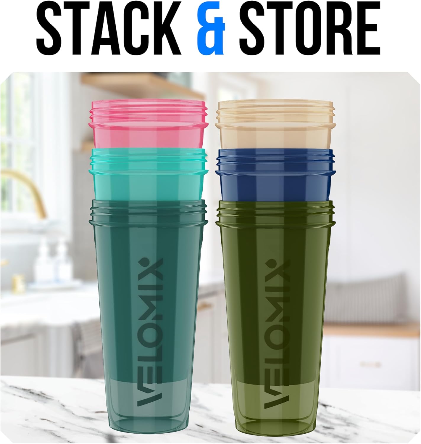 VELOMIX -6 PACK- 28 oz Protein Shaker Bottle for Protein Mixes -6x Wire Whisk | Leak Proof Shaker Cups for Protein Shakes | Large, Stackable Protein Shaker Bottle Pack