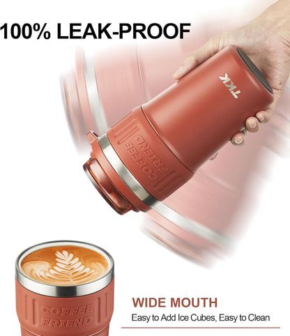 TKK Insulated Coffee Mug with Ceramic Coating, 21oz Iced Coffee Tumbler Cup with Straw Lid Double Wall Vacuum Leak Proof Travel Mug with Strap for Hot and Iced Beverage, Tungsten Steel