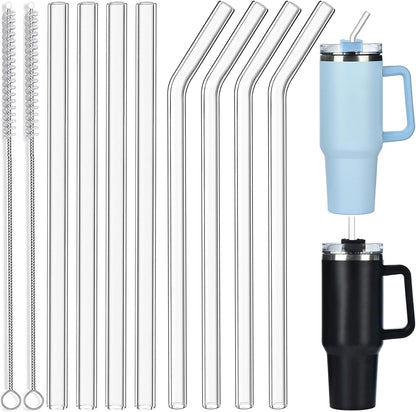 ALINK 8 Pack Replacement Glass Straws for Stanley 40 oz 30 oz Tumbler, 12 in Long Reusable Clear Straws for Stanley Cup Accessories, Half Gallon Bottle, Plus 2 Cleaning Brush